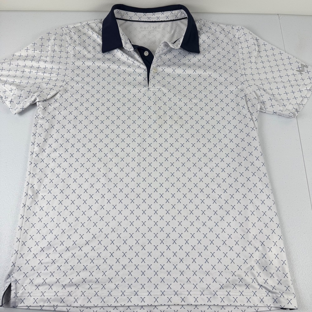 Maelreg Mens Performance Golf Polo Shirt White Navy Blue Geometric Cross Print M
